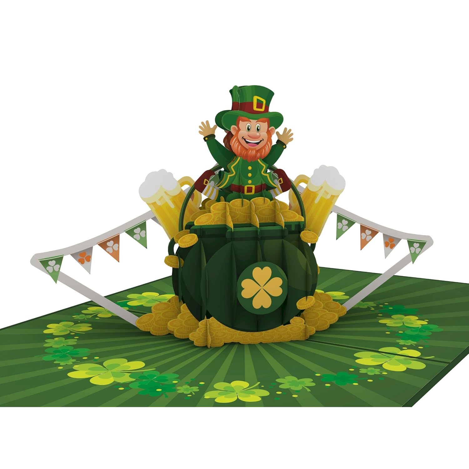Joyful Leprechaun 3D Pop Up Greeting Card - Happy St. Patrick'S Day Celebration, Irish Festivities, Spring Greenery - Lucky Charms, Four-Leaf Clover, Pot Of Gold, 6"X8" With Envelope