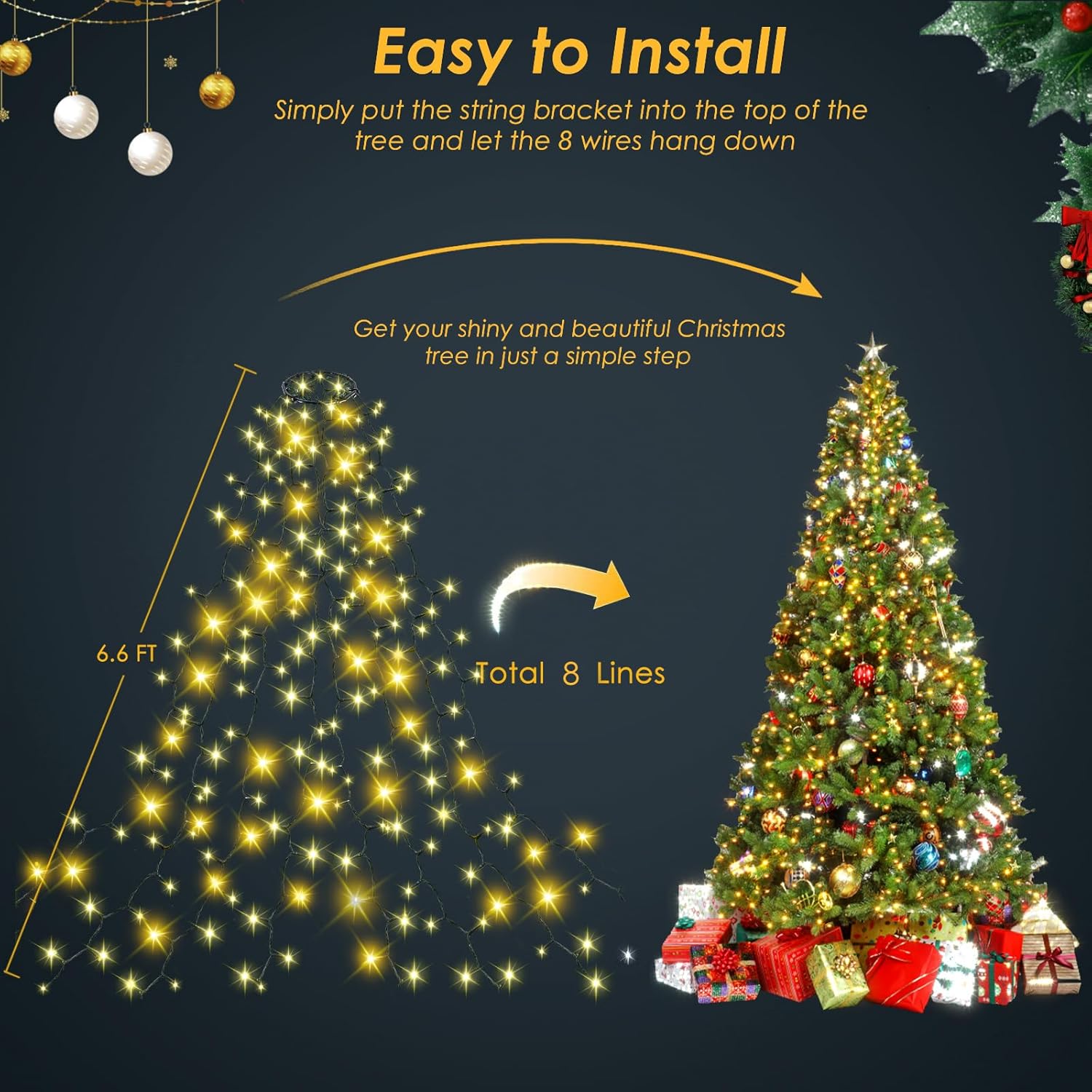 Christmas Tree Lights Indoor Outdoor, 280 Led Christmas String Lights 6.6Ft X 8 Lines With 8 Modes & Timer, Waterproof T