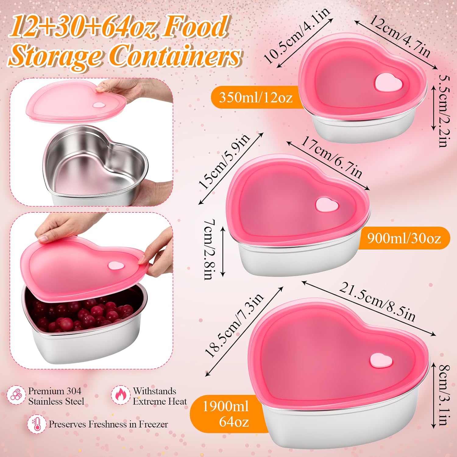 3 Pcs Valentine'S Day Heart Shaped Container With Lids 12Oz 30Oz 64Oz Stainless Steel Food Container Cake Storage Box Reusable Lunch Bento Box Heart Mold For Wedding Kitchen