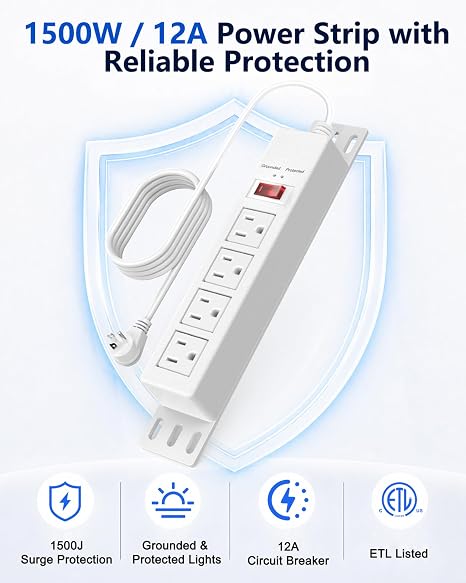 1500J Surge Protector Power Strip 4 Outlets 6FT Cord 45° Flat Plug White