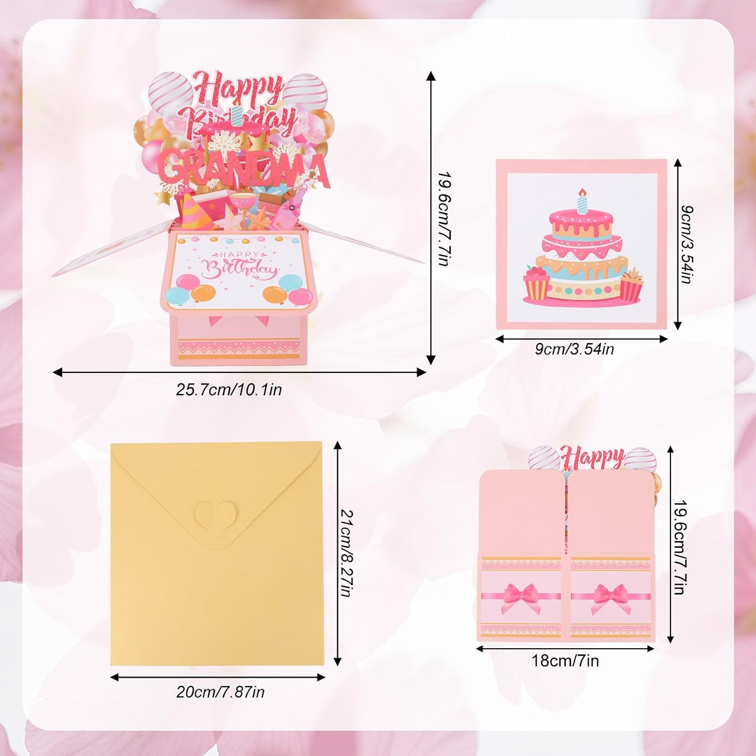 Pop Up Birthday Card, Heartfelt & Funny 3D Popup Birthday Greeting Card With Envelope Pink Sweet Foldable Gift Decoration Box For Women (For Grandma)