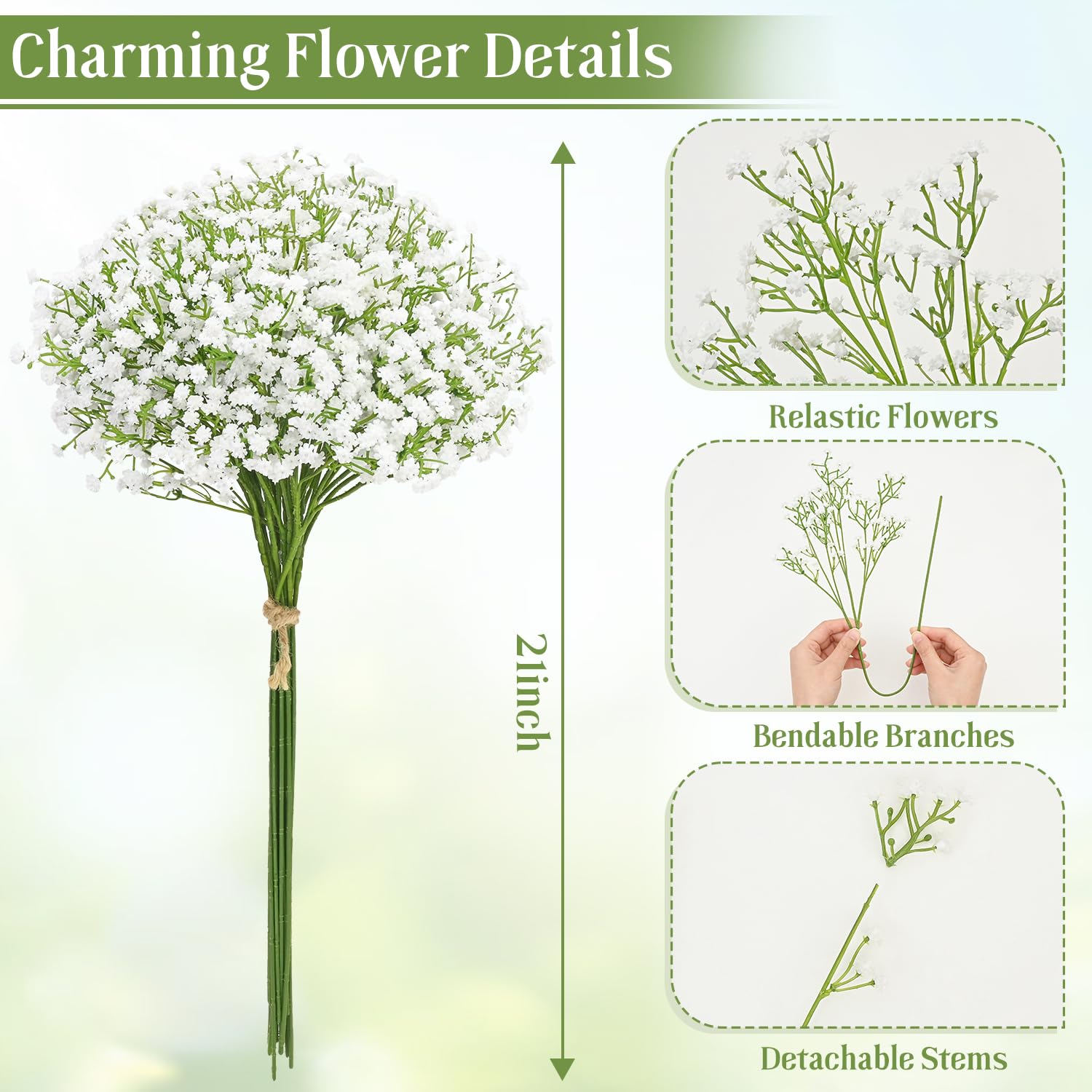 Babys Breath Artificial Flowers, 10 Pcs White Baby Breath Flowers Artificial Bulk, Fake Babys Breath Gypsophila Real Touch Faux Babys Breath For Wedding Floral Arrangement Home Decor