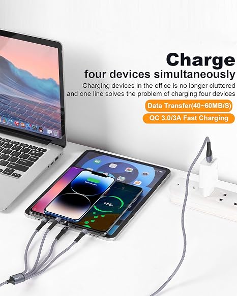 2 Pack 4 in 1 USB C Fast Charging Splitter Cable 4FT for Phone & Tablet