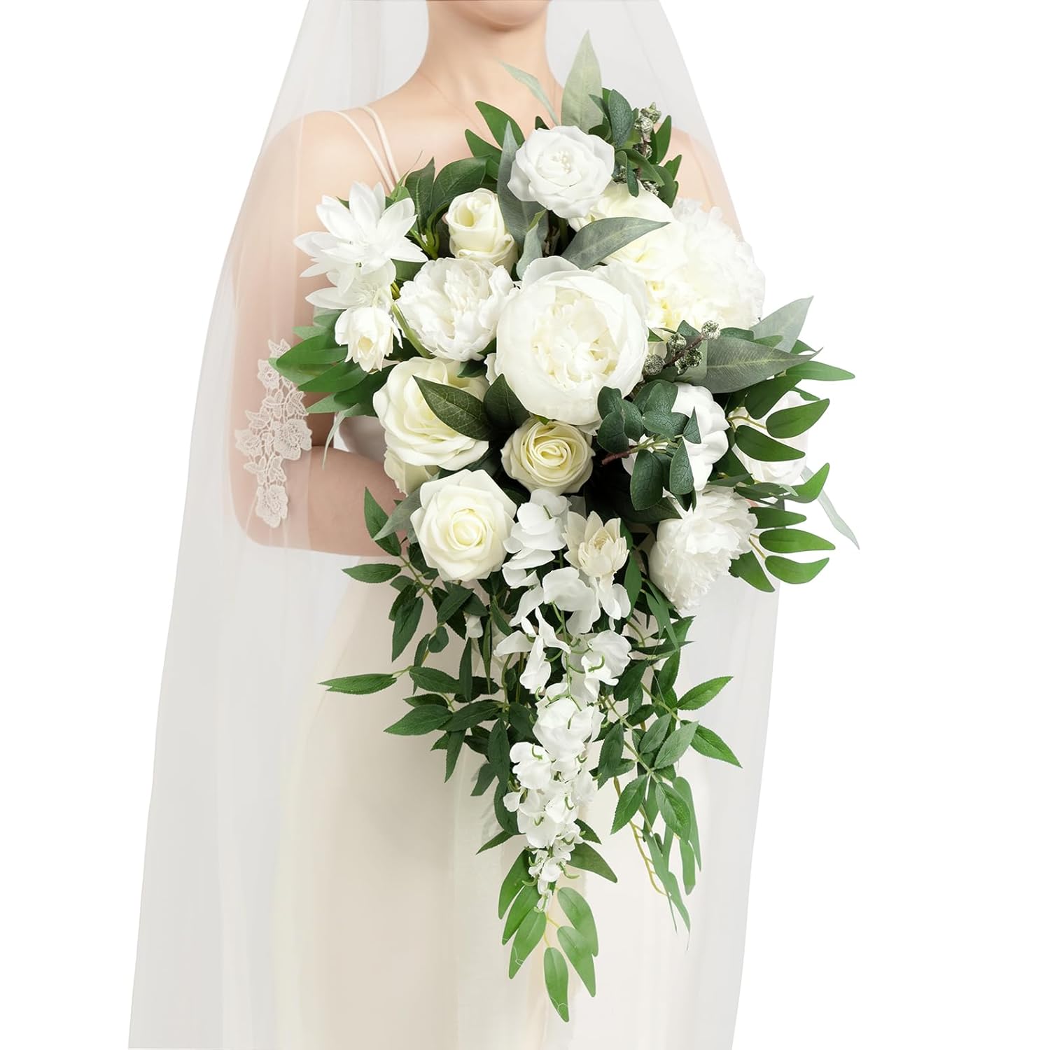 White Bridal Bouquet Cascading, Ivory Wedding Bouquets For Bride, 15 Inch Bride Bouquets For Wedding Artificial Flowers Bouquets