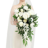 White Bridal Bouquet Cascading, Ivory Wedding Bouquets For Bride, 15 Inch Bride Bouquets For Wedding Artificial Flowers Bouquets