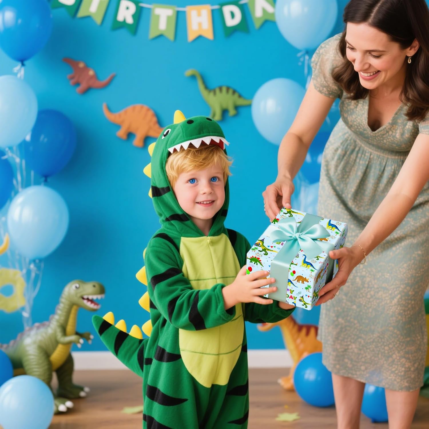 Dinosaur Reversible Wrapping Paper Roll - Boys & Girls Birthday Gift Wrapping Paper - 17 Inch X 33 Feet - Great For Baby Shower, Kids Party - Blue Dinosaur Design With White Polka Dots Back