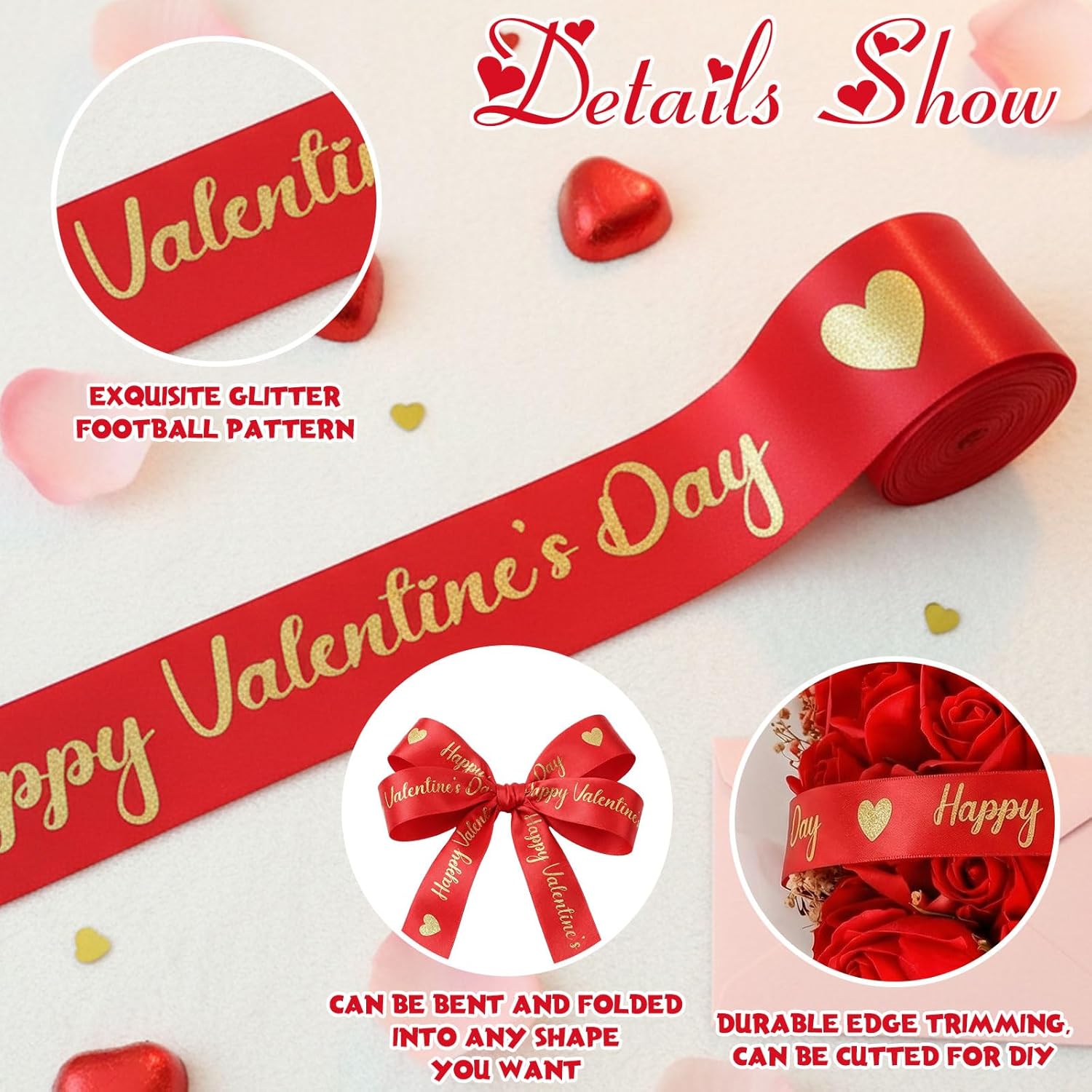 10 Yards Happy Valentine'S Day Ribbon Glitter Red Gold Heart Ribbon Craft For Hair Bow Wreath Crafts Gift Wrapping Flower Bouquet Anniversary Wedding Decor Birthday Party Supply(2 Inch)