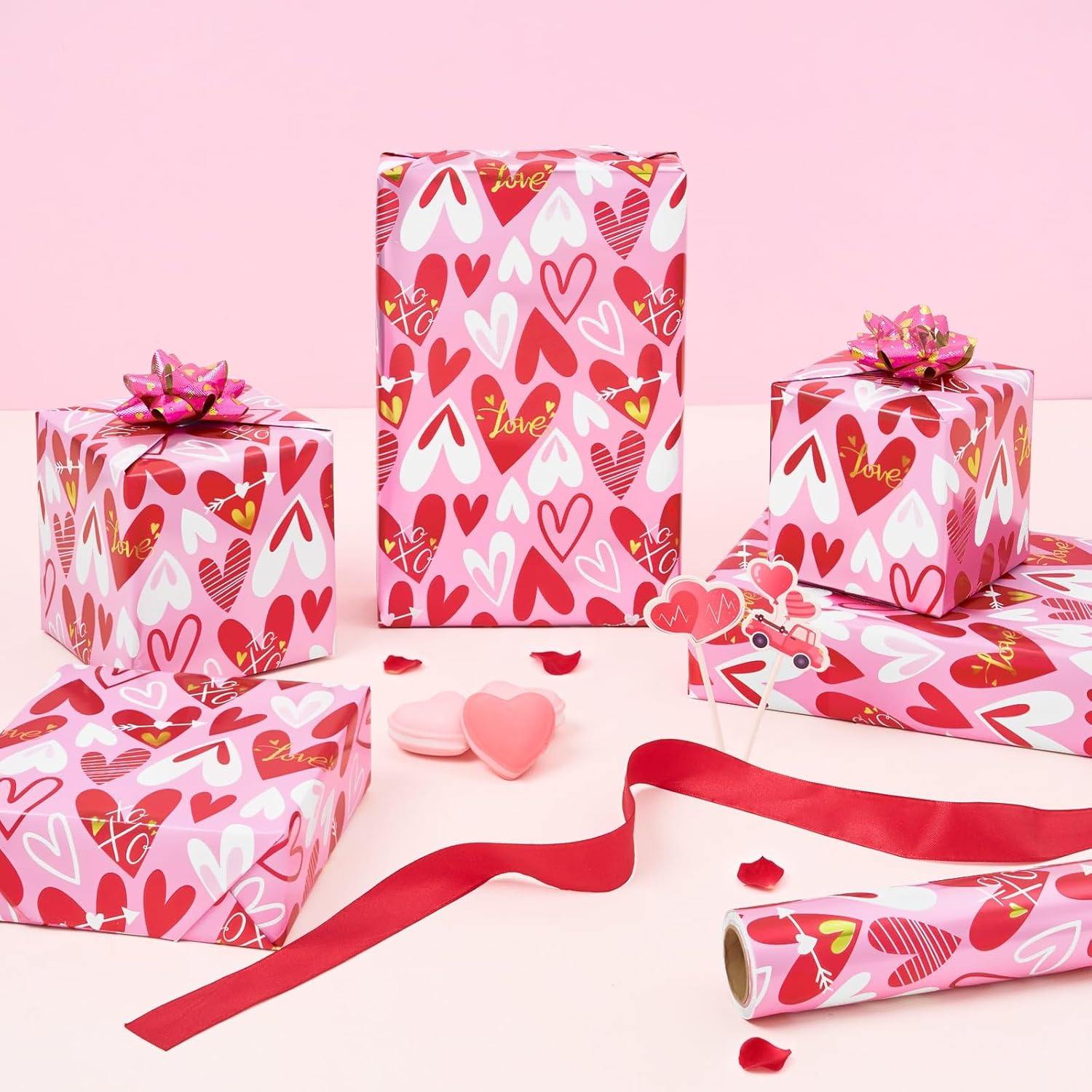 Valentines Wrapping Paper Roll - 1 Roll 17”X 33Ft Valentines Day Gift Wrap Paper Red Love Heart Design For Girls Women Valentine Date Favor Sweet Heart Style