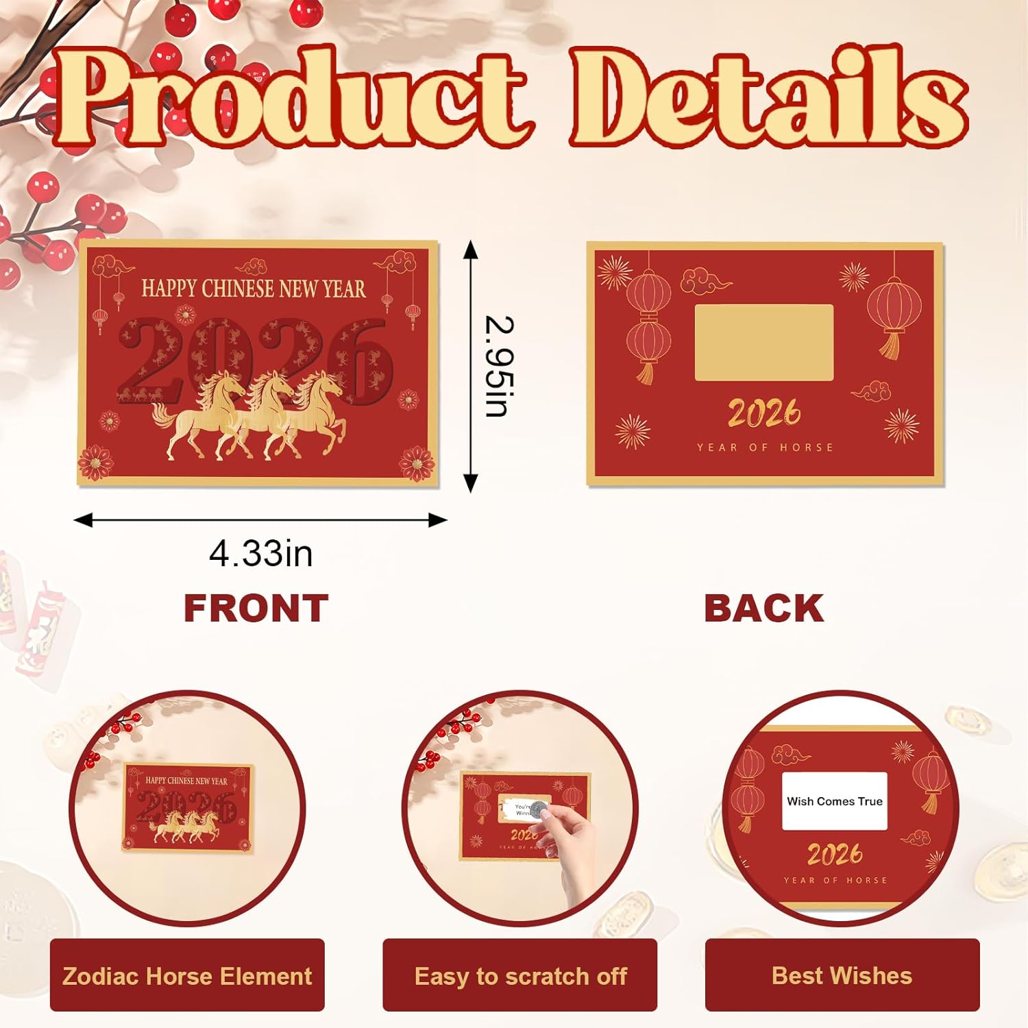 30 Counts Chinese New Year 2026 Scratch Off Fortune Cards 2026 Year Of The Horse Party Favors Supplies Chinese Spring Festival Lunar New Year Gifts Party Decorations(3 Horses)