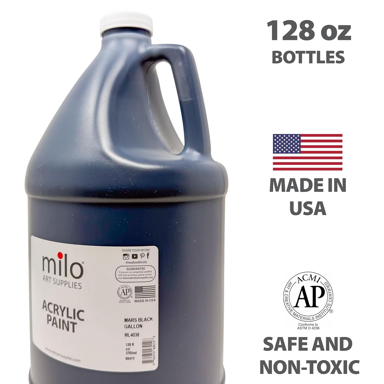 milo Mars Black Acrylic Paint – 128 oz (1 Gallon) Supply | Made in USA AP Certified Non-Toxic | Essential Bulk Art Paint for Classroom, Studio, All Artists