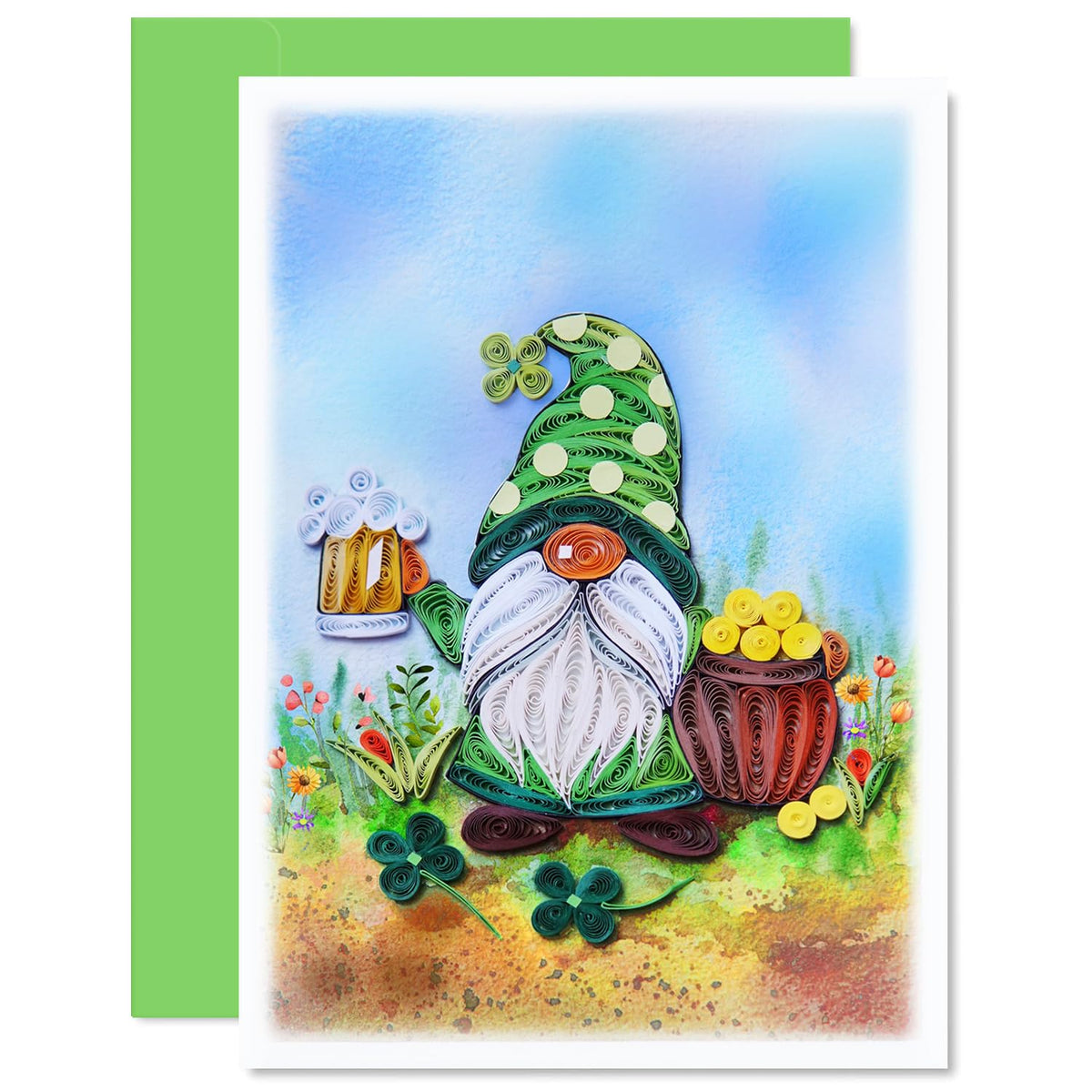 St. Patrick'S Day Card, Green Gnome Quilling Card, Artful Greeting Card, Handcrafted St Patrick Day Card, Vintage Saint Patrick'S Card For Family, Friend, Blank Inside With Envelop