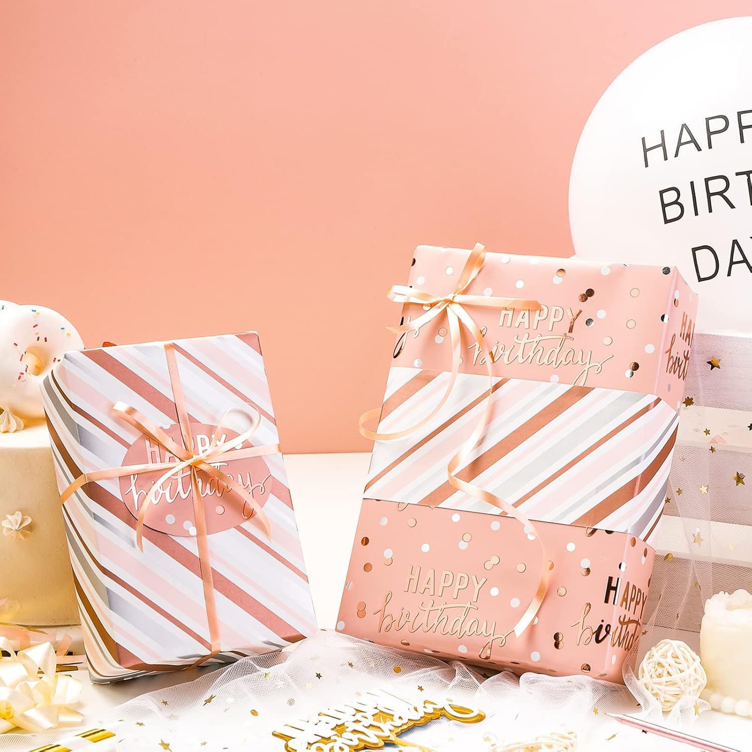 Reversible Pink Birthday Wrapping Paper Roll For Girls Women, Happy Birthday Lettering & Stripe Pattern With Metallic Foil In Pink, Mini Roll, 17 Inches X 9.8 Feet