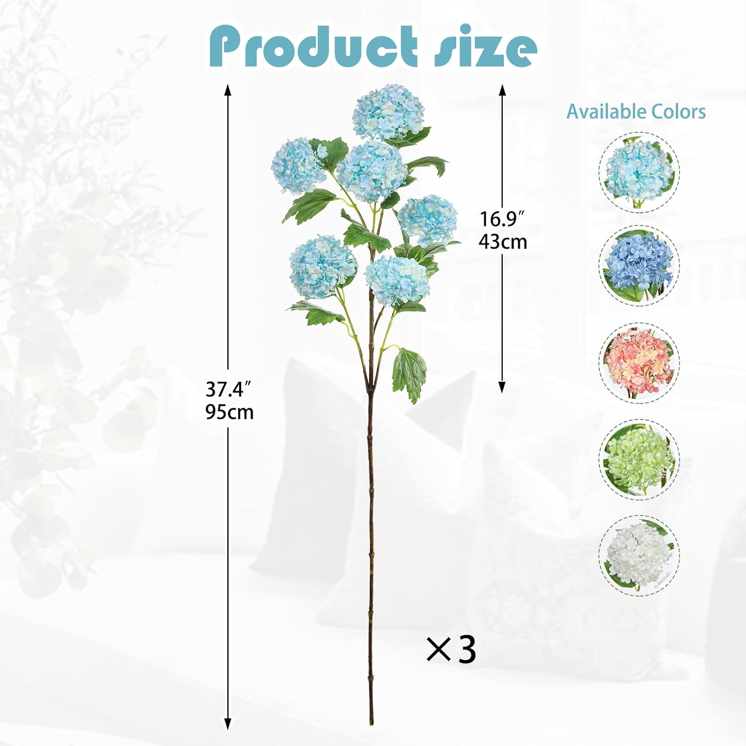 Light Blue Hydrangea Artificial Flowers 37.4”Tall Faux Hydrangea Flowers Spray With 6 Flower Heads, Silk Hydrangeas Flower With Stems 3Pcs, Fake Hydrangeas For Home Wedding Table Centerpieces Decor