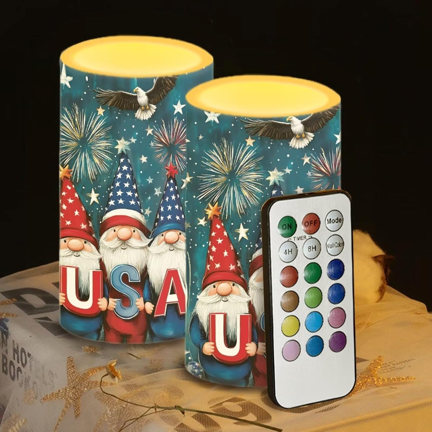 Usa Flag Gnomes Battery Powered Candles With Remote And Timer Veterans Day Gifts Decorations Led Flameless Flickering Candles For Indoor Gifts Holiday Decor Home Party Festival Set Of 2