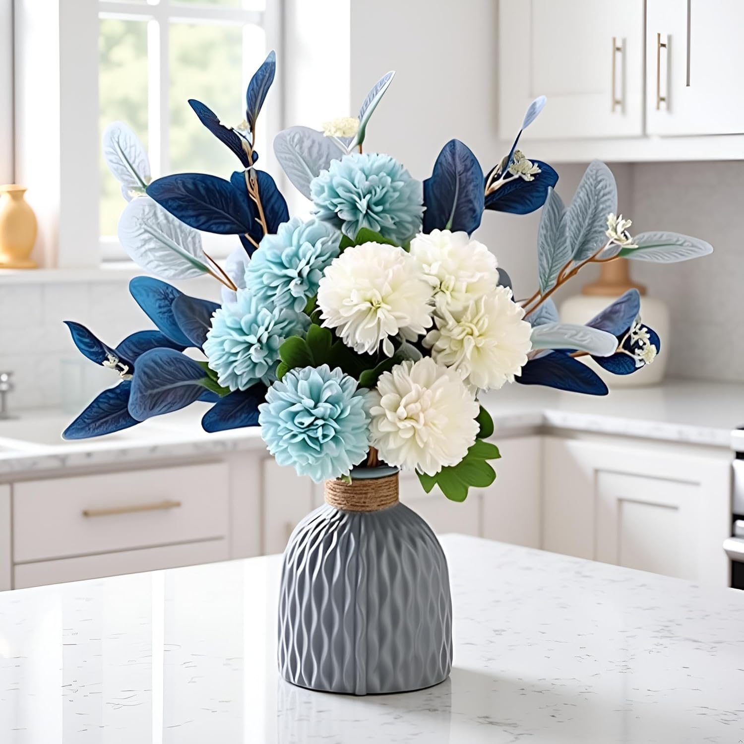 Blue Artificial Flower Bouquet In Ceramic Vase, White And Blue Ball Chrysanthemum With Eucalyptus, Minimalist Desk Decor For Office Home Centerpiece
