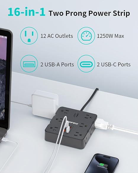 12 Outlet 2 Prong Power Strip 4 USB Ports 6FT Extension Cord 1700J Flat Plug Black
