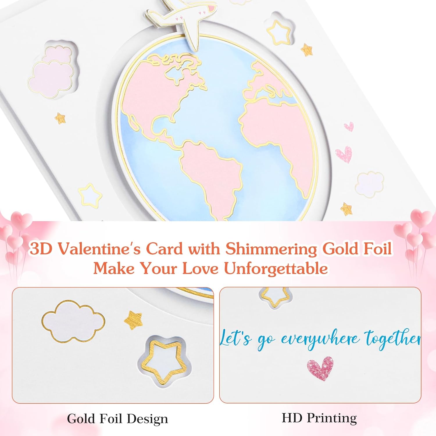 Romantic Valentine'S Day Card - Sliding Design Anniversary Card With Envelope Gold Foil Romantic Birthday Sweetest Day Gift For Her Him - Let'S Go Everywhere Together