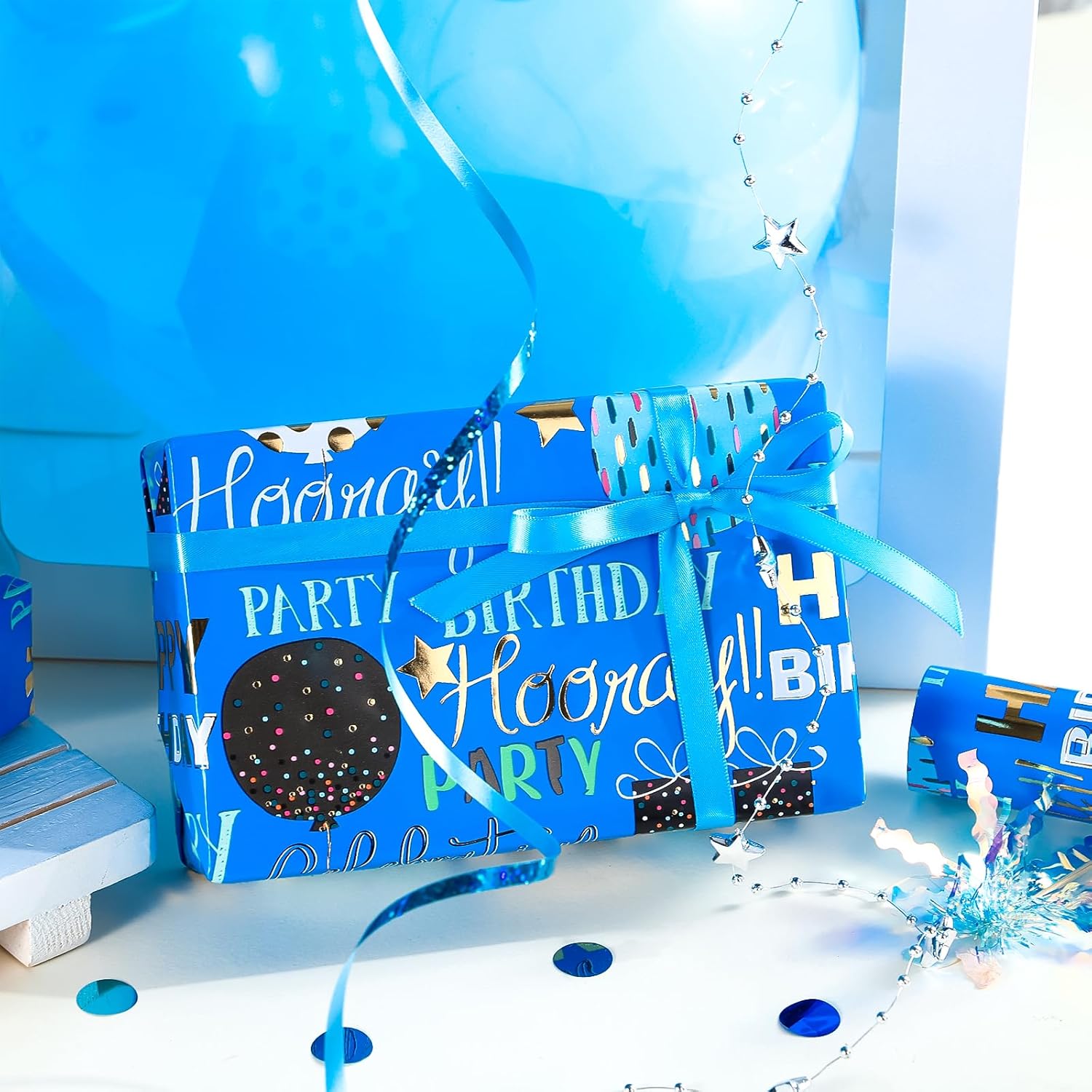 Birthday Wrapping Paper - Mini Roll - 17 Inch X 16.5 Feet - Blue Gold Foil Happy Birthday Wrapping Paper For Kids, Boys, Men, Baby Shower