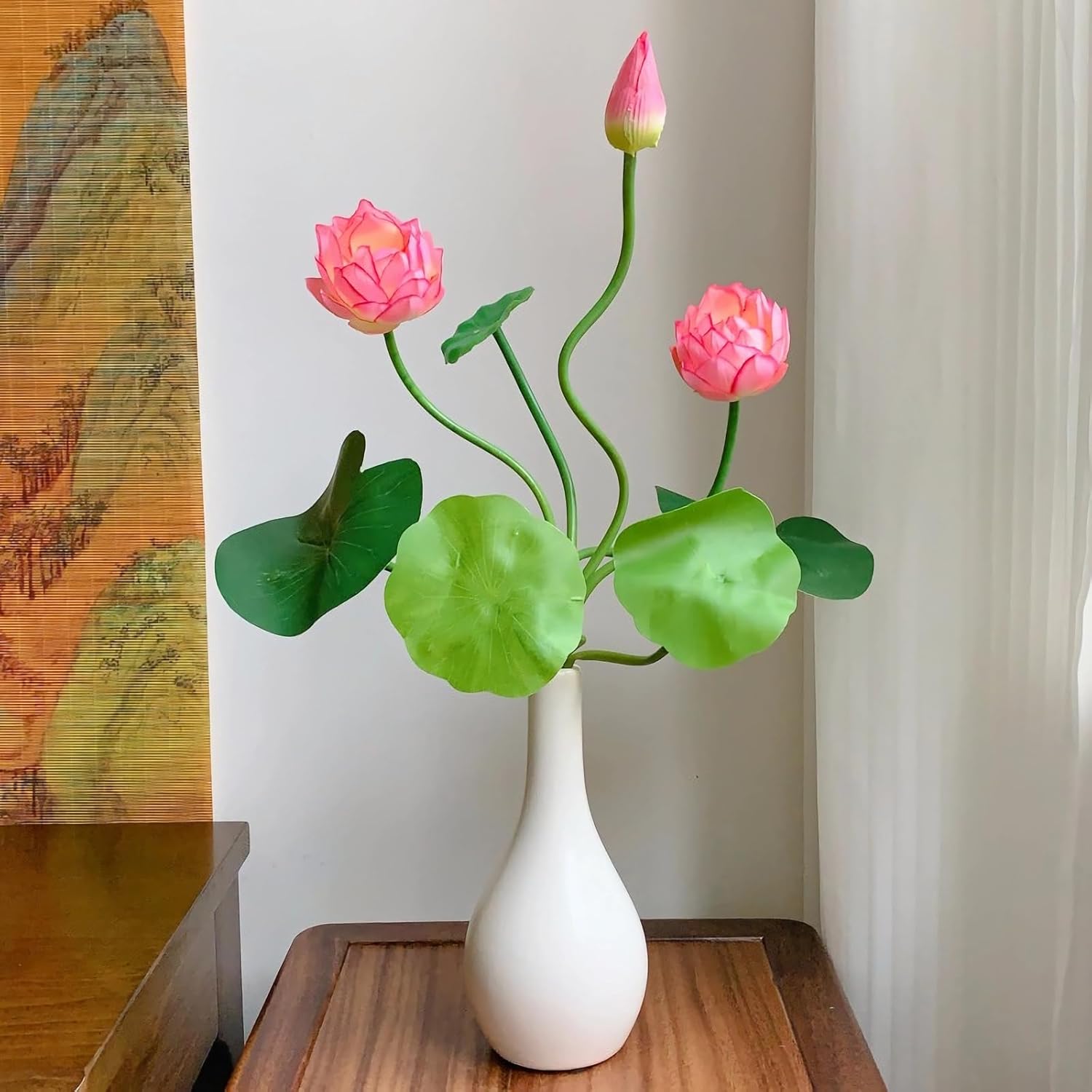 4Pcs Artificial Lotus Flowers With Leaves 17" Mini Pink Fake Water Lily Bouquets For Vase Bouquet Home Office Wedding Decor.(Pink,4Pcs)