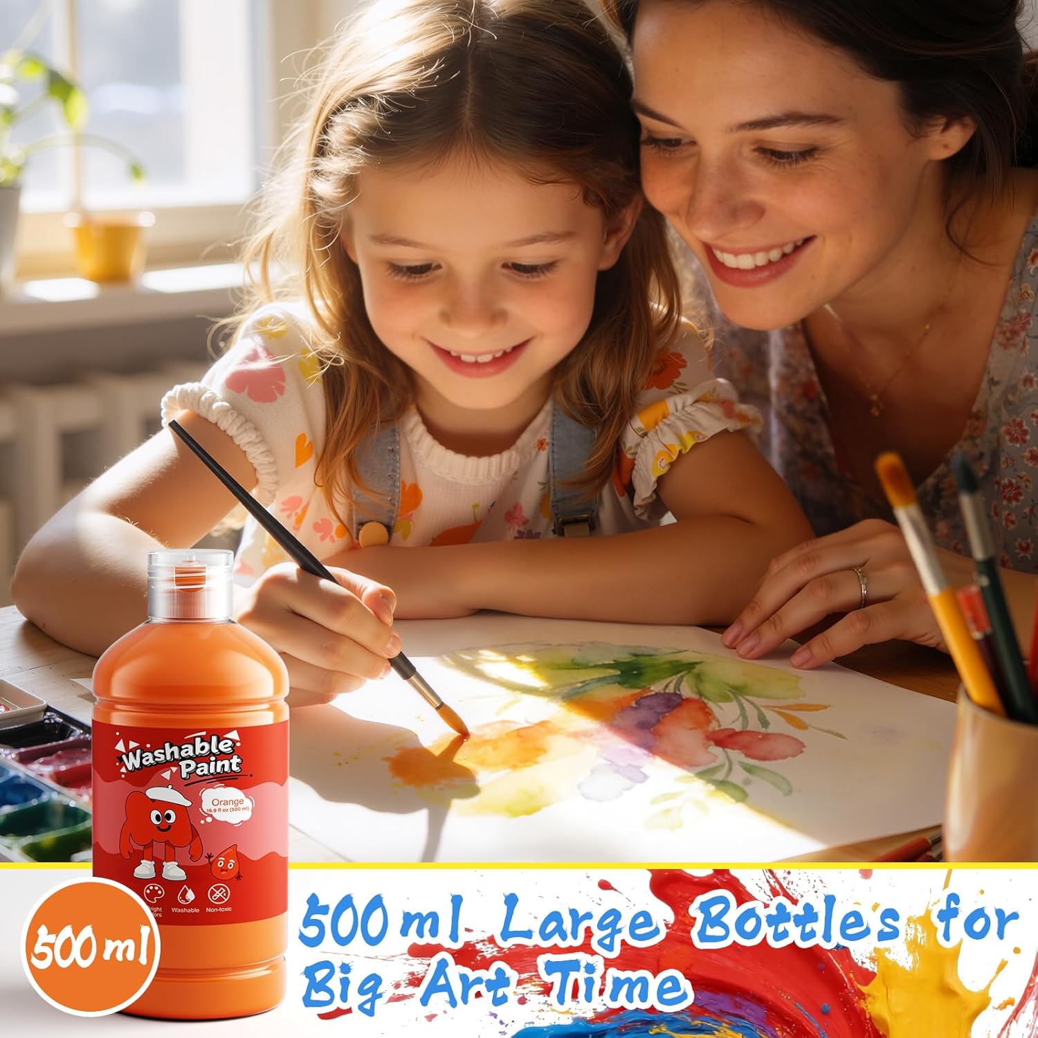 Washable Tempera Paint Set, 12 Colors, 500Ml (16.9 Fl Oz) Large Bottles, Non-Toxic Poster Paint For Canvas, Paper & Crafts