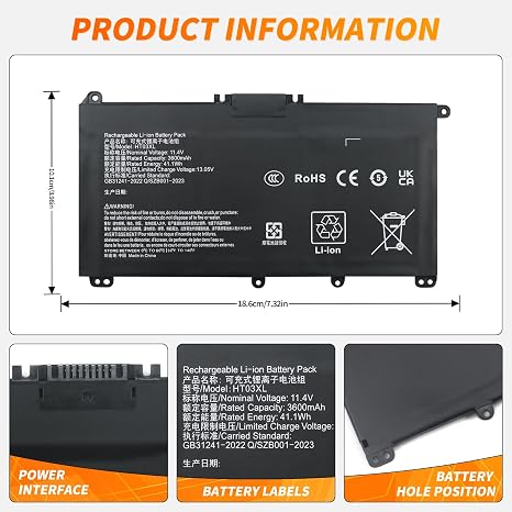 HP HT03XL 41.1Wh Laptop Battery Replacement for Pavilion 14 15 250 G7 TPN-Q207 L11119-855