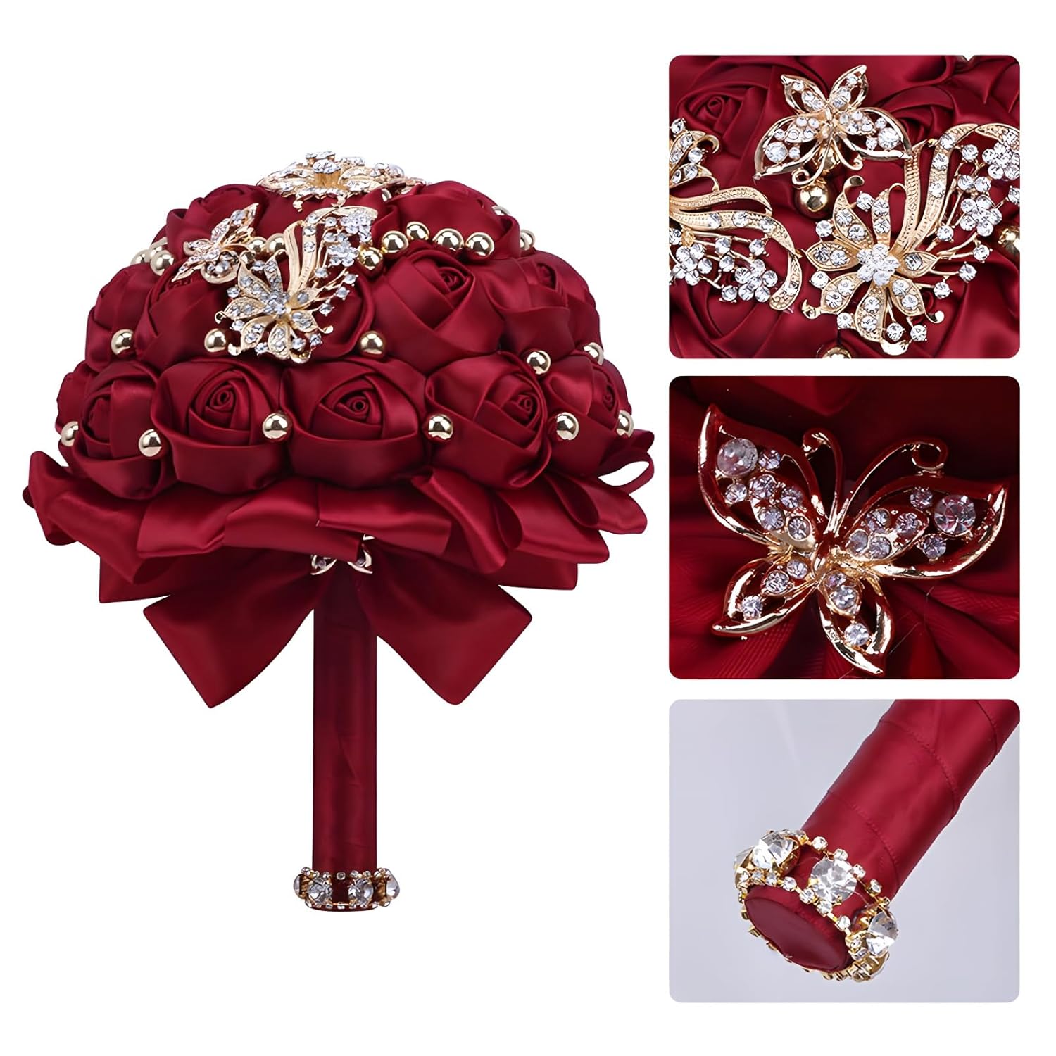 7 Inch Wedding Bouquet Red Satin Flower Bridal Holding Bridesmaid Button Brooch Artificial Rose Bouquet For Indoor Outdoor Wedding Bridal Shower Bouquet Quinceanera (#306 Burgundy)