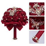 7 Inch Wedding Bouquet Red Satin Flower Bridal Holding Bridesmaid Button Brooch Artificial Rose Bouquet For Indoor Outdoor Wedding Bridal Shower Bouquet Quinceanera (#306 Burgundy)