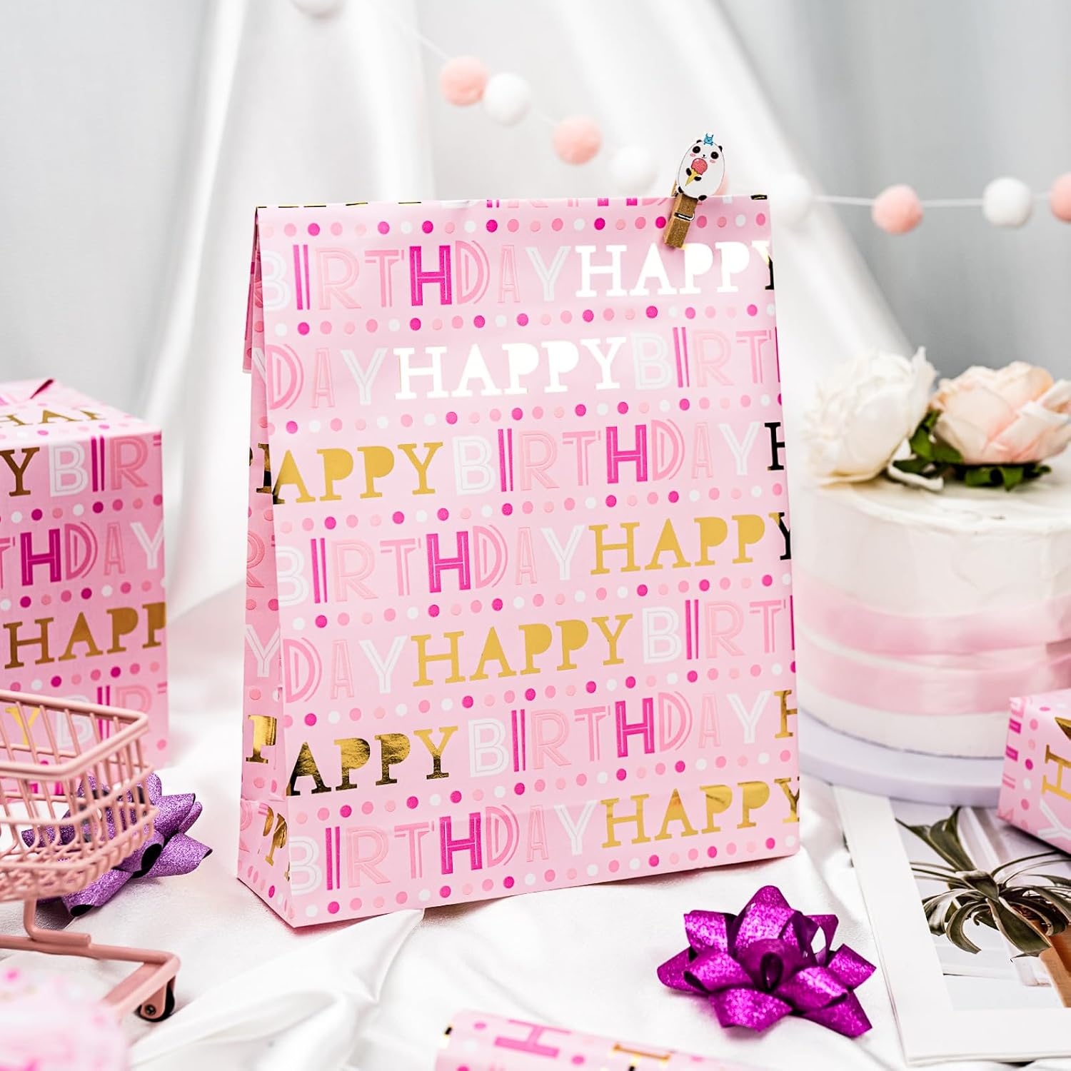 Girl Birthday Wrapping Paper, Pink And Gold Wrapping Paper, Gold Foil Girly Happy Birthday Lettering Design Pink Gift Wrap For Girls Women, Baby Shower, Party (Mini Roll, 17 Inch X 16.5 Feet)