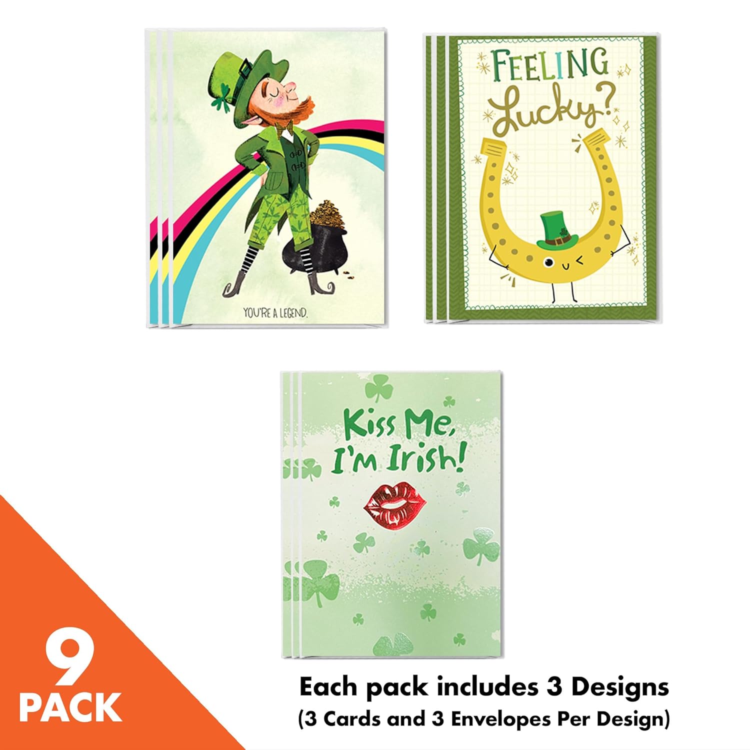 9 Funny St. Patrick’S Day Greeting Card Assortment With Envelopes, Lucky To Be Irish (3 Assorted Designs, 3 Each)