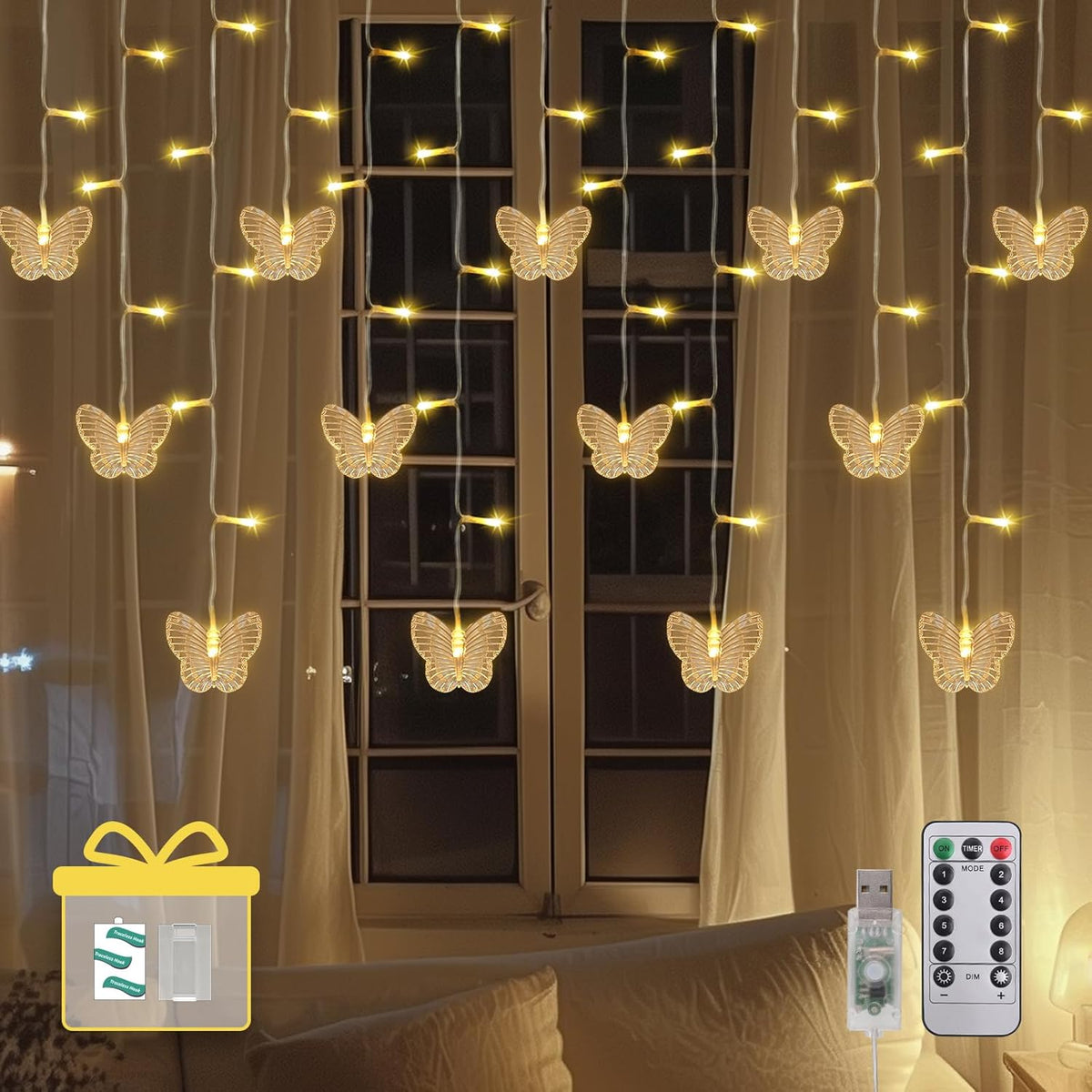 Butterfly String Lights, 150 Led 20.9Ft Butterfly Curtain Lights 8 Modes Usb Power With Remote Control Butterfly Decorat