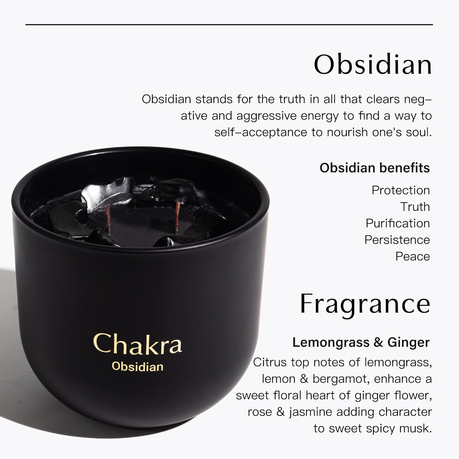 Lemongrass Ginger Crystal Candle, Wooden Wicks Scented Crackling Candles, 12Oz Natural Soy Wax, Spiritual Candles With Black Crystal Inside, Aromatherapy Candle For Home,Spa, Meditation, Enhancing