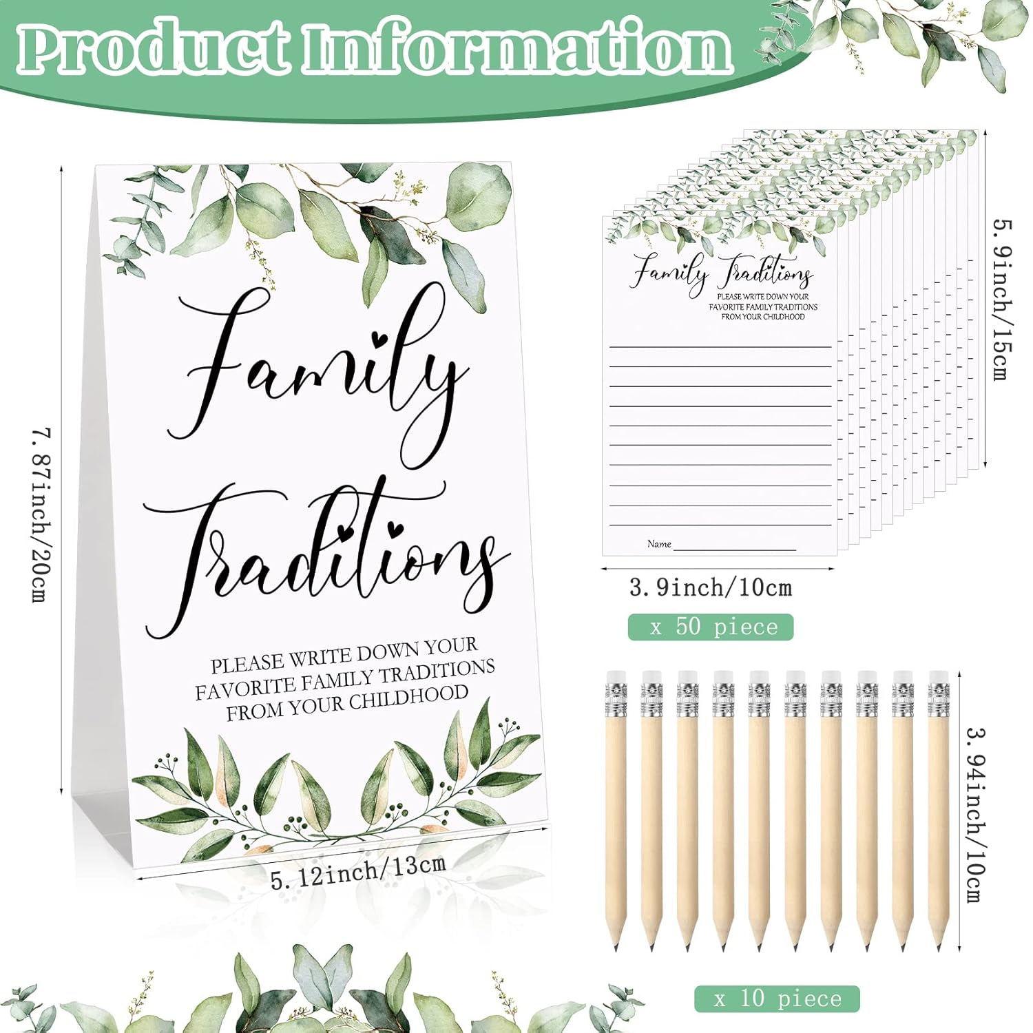 61 Pieces Baby Shower Games Include 1 Family Traditions Standing Sign And 50 Family Traditions Activities Cards With 10 Pencils(Greenery)