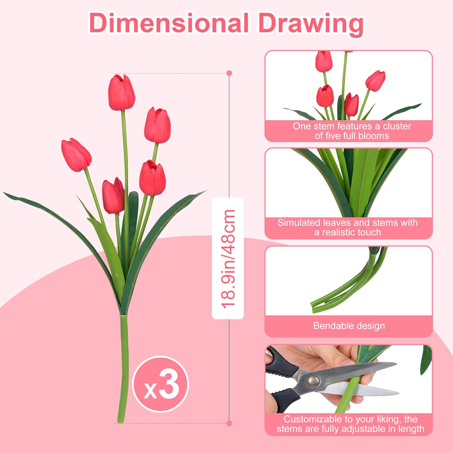 18.9 "Large Red Imitation Tulip Artificial Flowers, 15-Piece Pack. Perfect For Spring Weddings, Valentine'S Day, Easter, Mother'S Day, And Elegant Home And Table Vase Arrangements.