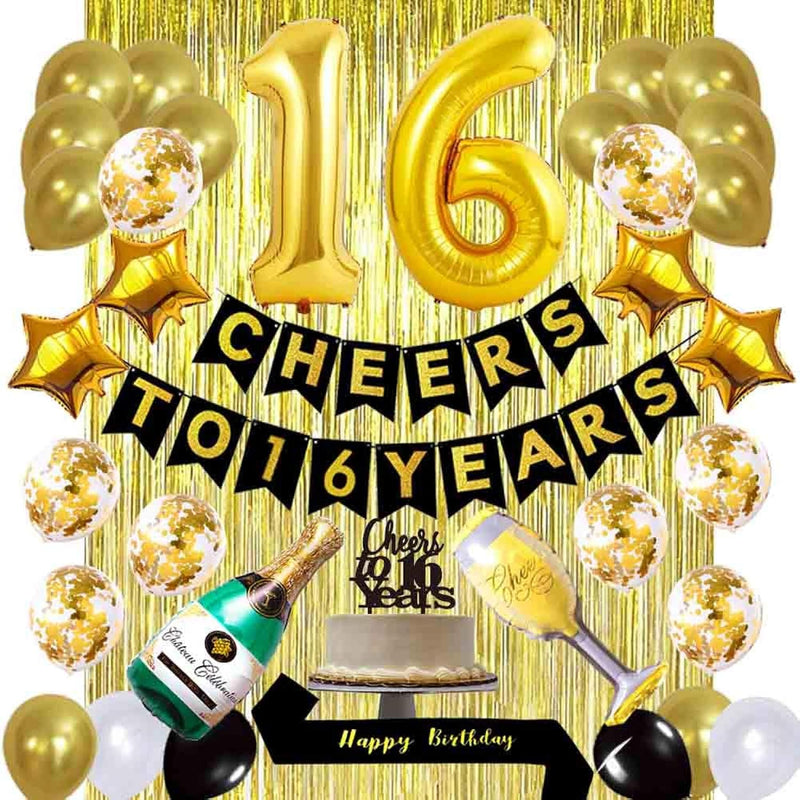 Gold 16Th Birthday Decorations Kit, Cheers To 16 Years Banner Balloons