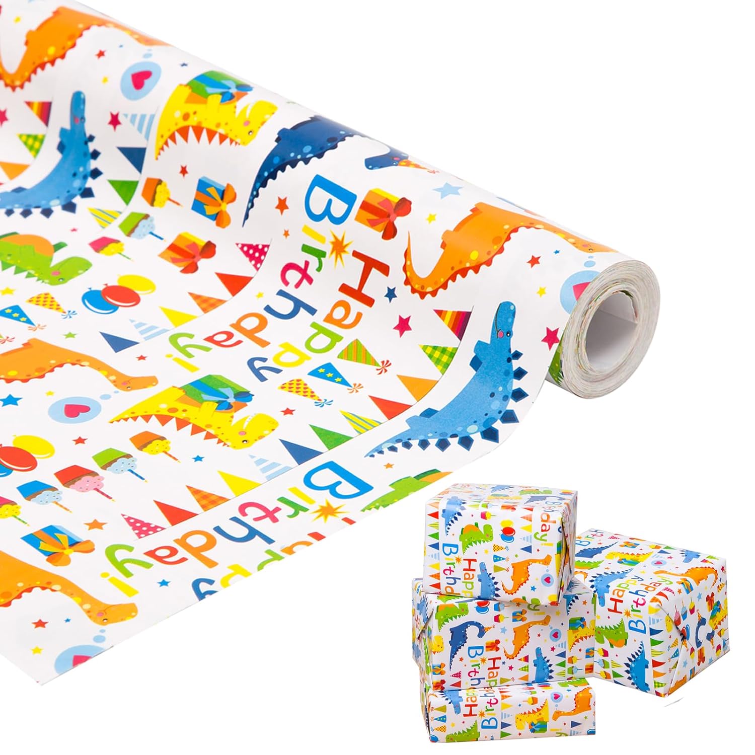 Dinosaur Birthday Wrapping Paper Roll - Mini Roll - 17 Inches X 50 Feet - Happy Birthday Wrapping Paper Kids Wrapping Paper Rolls Boy Dinosaur Gift Wrap Paper Dinosaur Party Favor Happy Bday Wrap