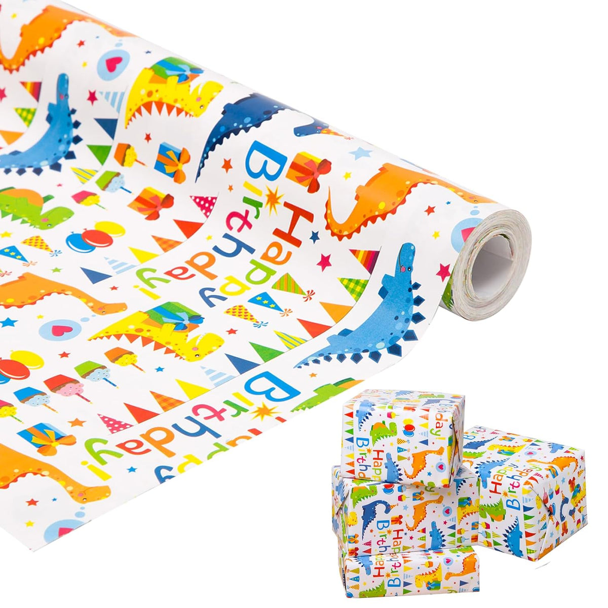 Dinosaur Birthday Wrapping Paper Roll - Mini Roll - 17 Inches X 50 Feet - Happy Birthday Wrapping Paper Kids Wrapping Paper Rolls Boy Dinosaur Gift Wrap Paper Dinosaur Party Favor Happy Bday Wrap