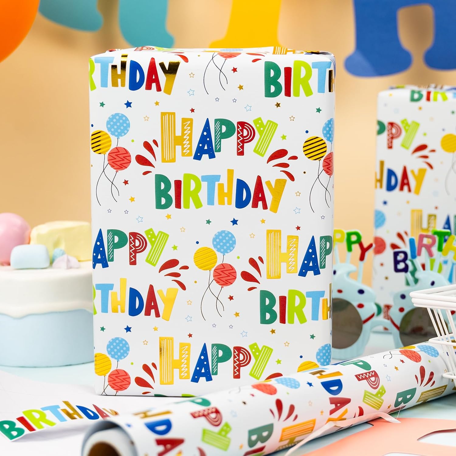 Birthday Wrapping Paper Roll For Boys Girls Kids Men Women - Colorful Gold Foil Balloon And Stars - Gift Wrap Paper For Birthday Party, 17 In X 32.8 Ft