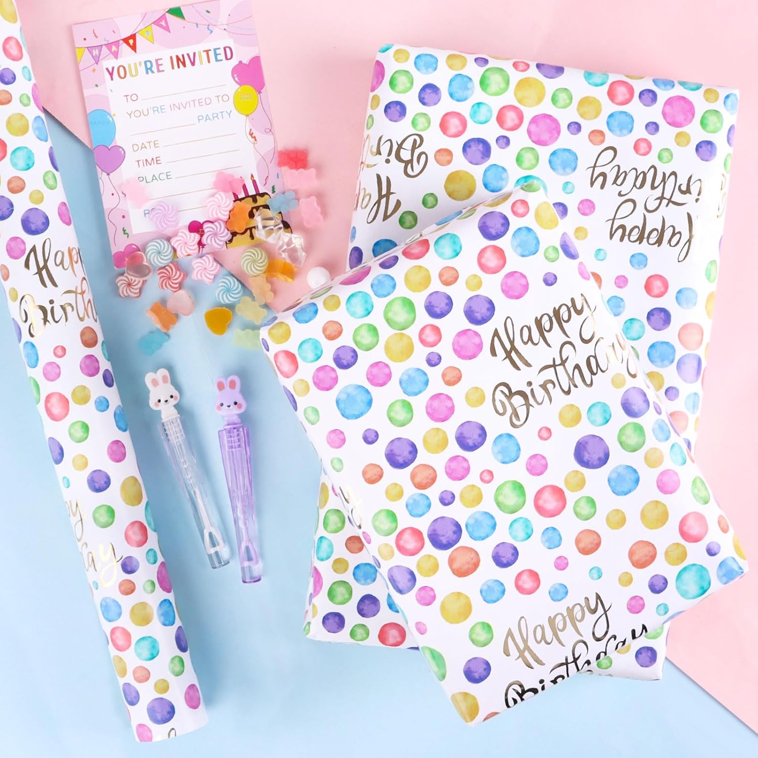 Birthday Wrapping Paper Roll,Colourful Paper With Polka Dot Gold Happy Birthday And Cut Lines On Reverse(17In×33Ft Roll)
