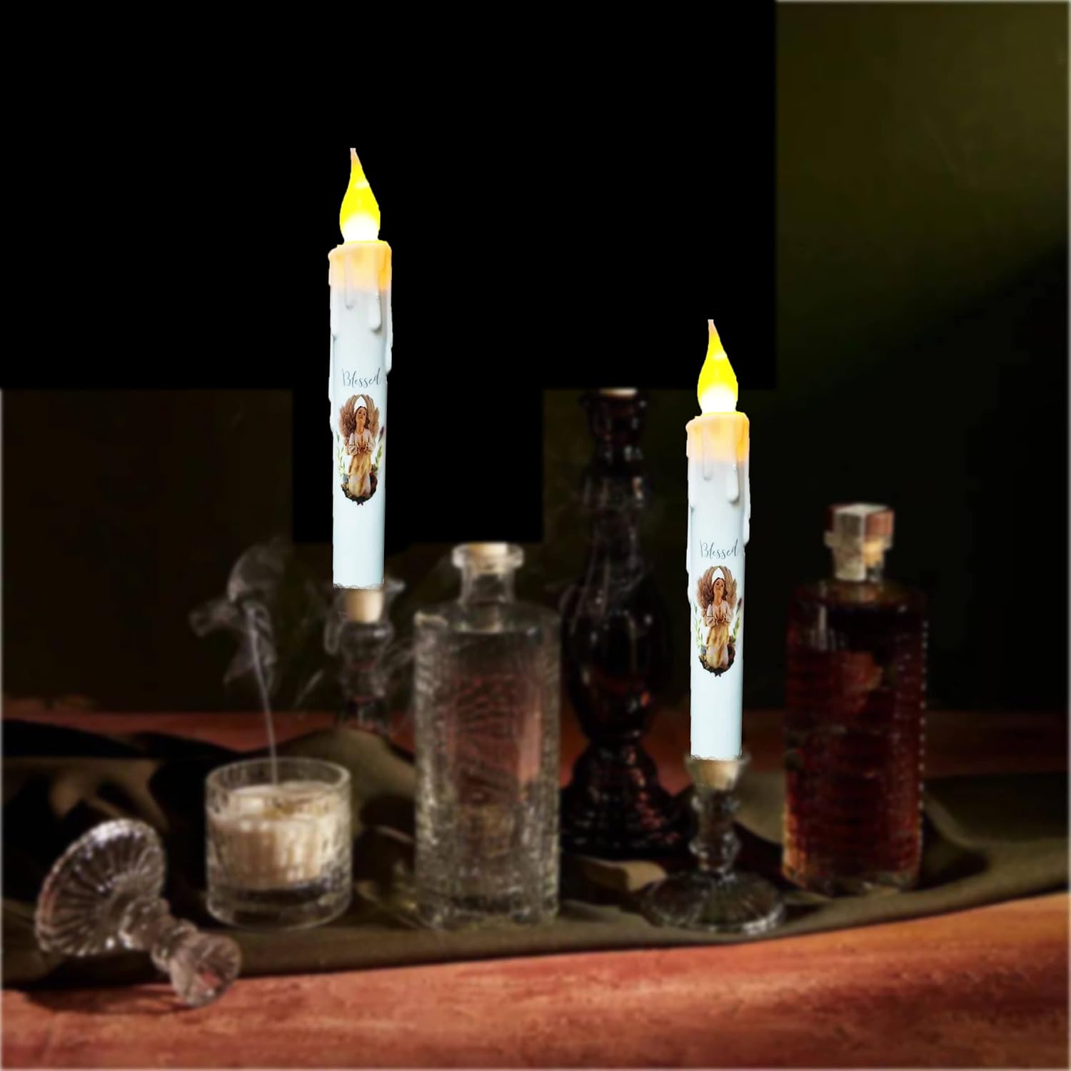 Primitive Battery Tapered Candles Flickering,Decorative Flameless Taper Candles With Timer,6.75Inch Girl Blessed Led Candlestic,Dripless Taper Candle Flame Halloween Christmas Home Decor