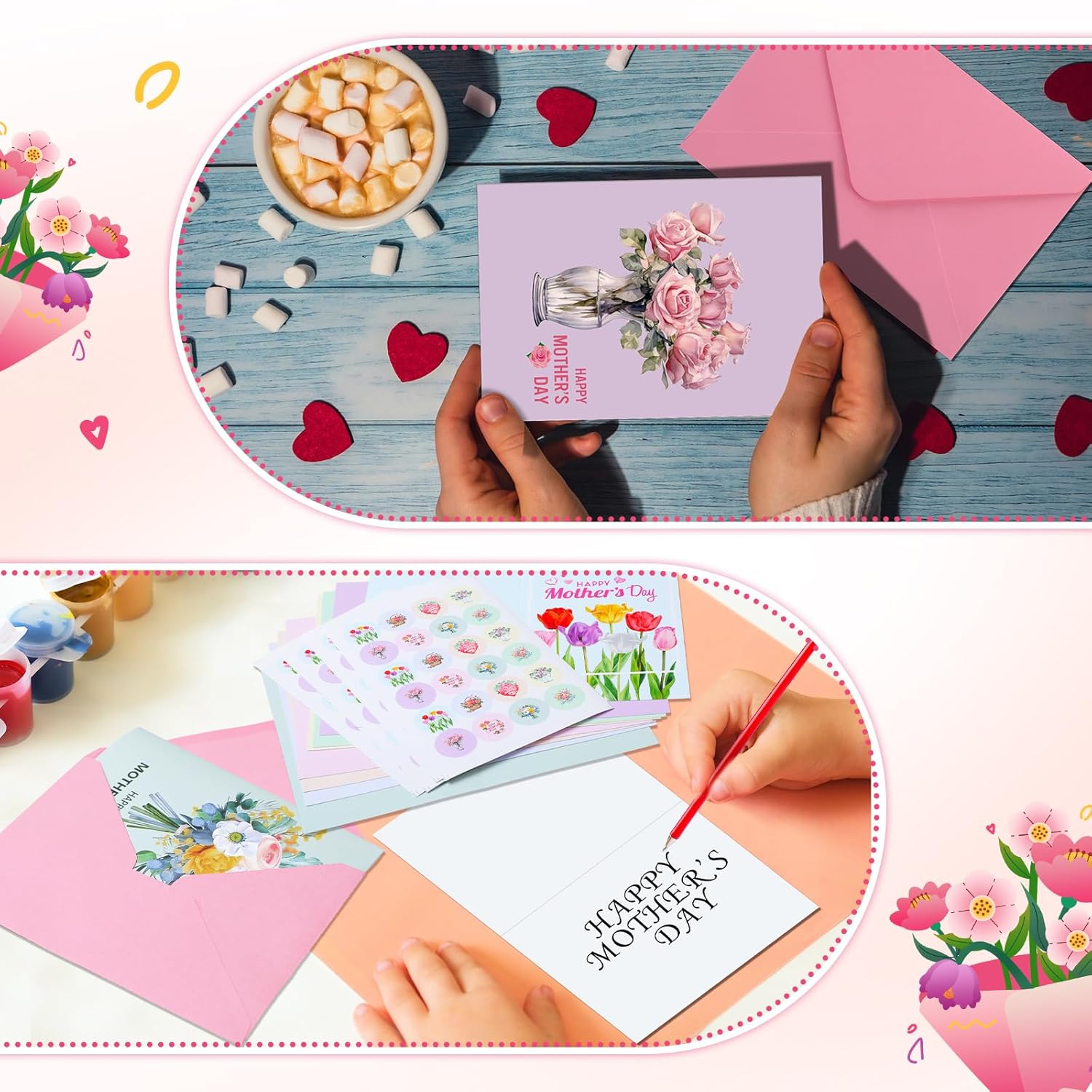 24 Sets Happy Mother'S Day Cards Floral Mom Greeting Card With Envelopes And Stickers Watercolor Heart Rose From Daughter For Party Gifts Supply