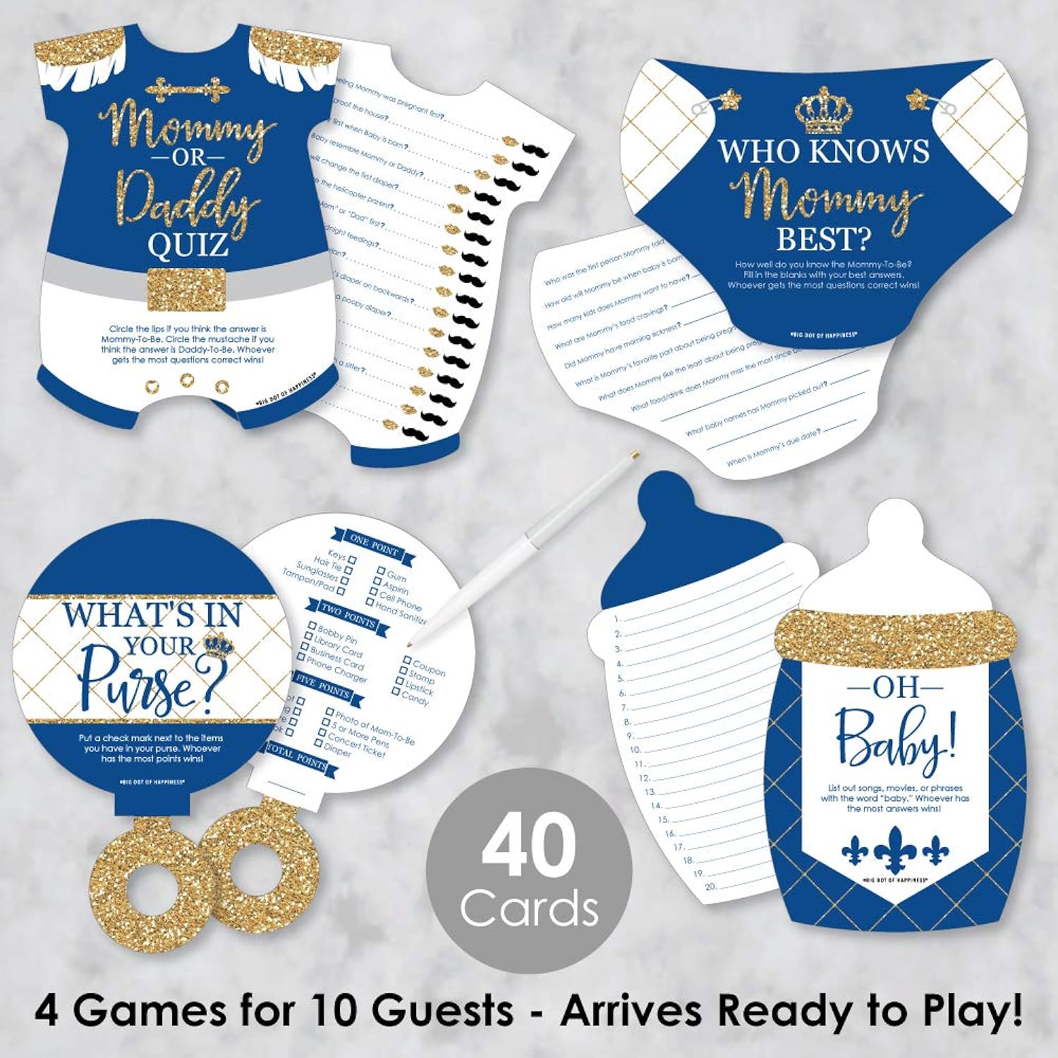 Big Dot of Happiness Royal Prince Charming - 4 Baby Shower Games - 10 Cards Each - Who Knows Mommy Best, Mommy or Daddy Quiz, What’s in Your Purse and Oh Baby - Gamerific Bundle