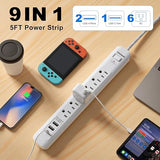 2 Pack Power Strip 6 Outlets 3 USB Ports 1 USB C 5FT Cord White