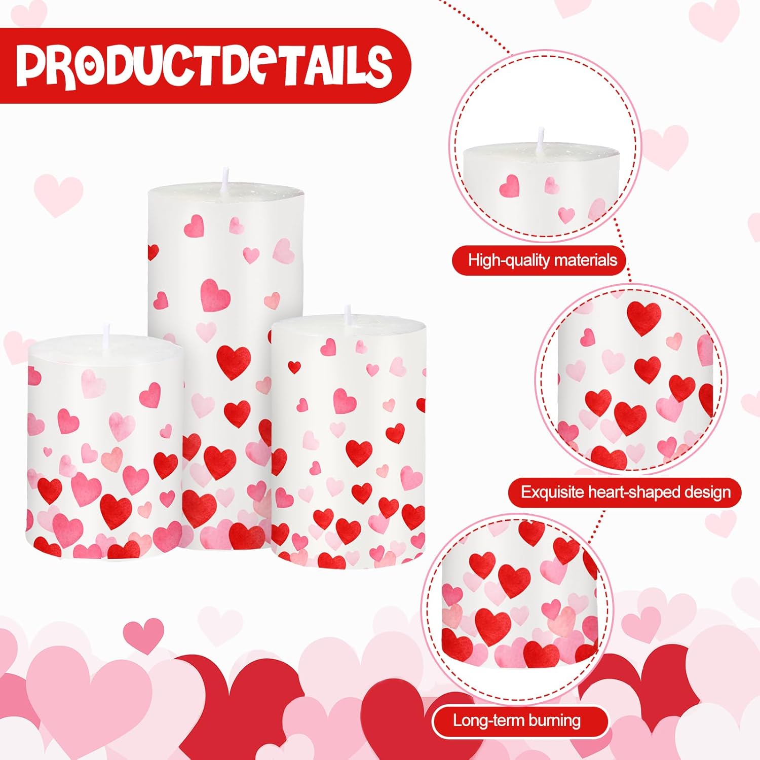 Set Of 3 Valentine'S Day Pillar Candles Decor Red Heart Pillar Candles Gifts For Party Decorations Table Home Decor Spring Celebrations