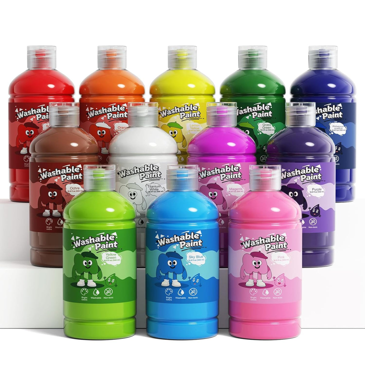 Washable Tempera Paint Set, 12 Colors, 500Ml (16.9 Fl Oz) Large Bottles, Non-Toxic Poster Paint For Canvas, Paper & Crafts
