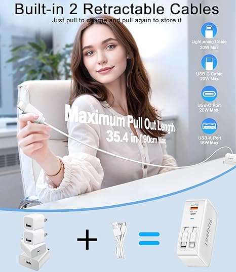 40W 4 in 1 Retractable Wall Charger with Dual Cables USB C Fast Charging Block for iPhone 17 16 Samsung Galaxy Pixel