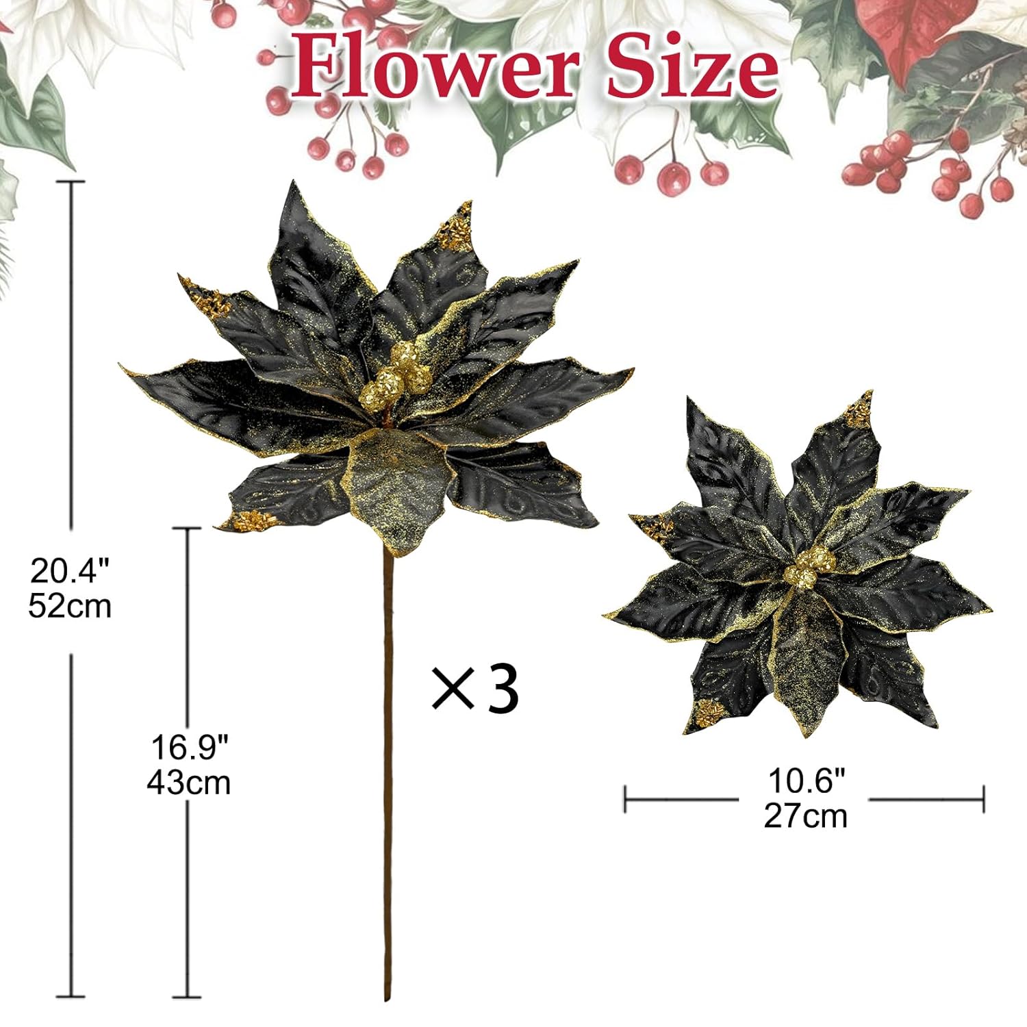 3 Pcs Artificial Christmas Flowers 11 Inch Glitter Poinsettia Picks Christmas Tree Ornaments Topper Decorations Black Poinsettias Flowers For Xmas New Year Wreath Garland Wedding Party Decor