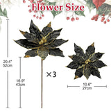 3 Pcs Artificial Christmas Flowers 11 Inch Glitter Poinsettia Picks Christmas Tree Ornaments Topper Decorations Black Poinsettias Flowers For Xmas New Year Wreath Garland Wedding Party Decor