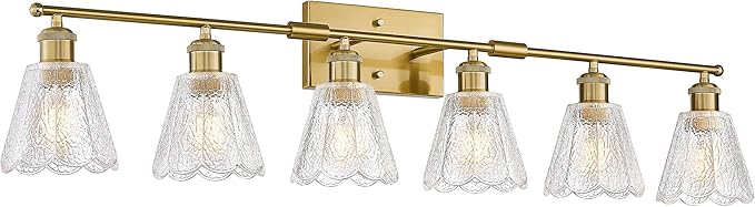 6-Light Brushed Gold Bathroom Vanity Light with Clear Floral Glass Shades 41 Inch
