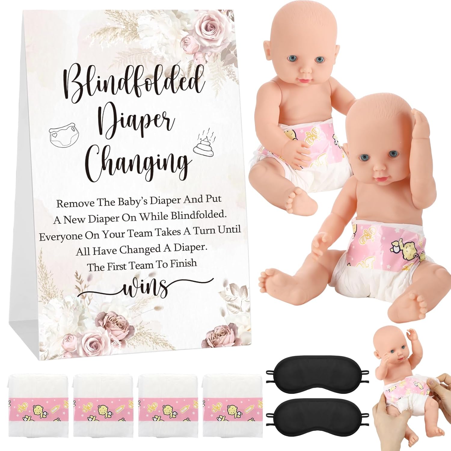 9 Pc Baby Shower Game Set - Blindfold Diaper Changing Race With Blindfolds & Diapers (Rose, Flesh Pink)