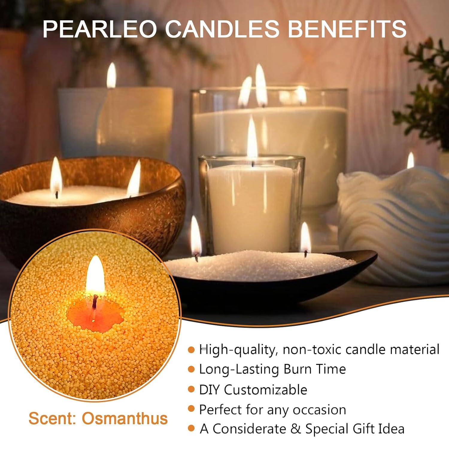 Pearled Candle 18Oz(1.1Lb) With 30 Cotton Wicks Amber Whispers Of Osmanthus - Long Lasting Powder Sand Wax Refillable Scented Candles Perfect For Home Decorative Diy